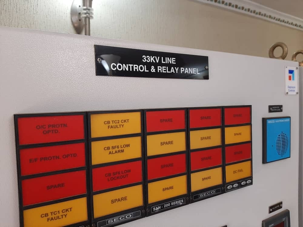 Close-up of a 33kV line control and relay panel annunciator showing overcurrent, earth fault, SF6 low and trip circuit alarm windows